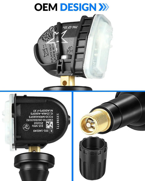 Set Of Four Pre Programmed 315MHz TPMS Tire Pressure Sensors For Chevrolet Equinox Cruze Tahoe Avalanche Impala GMC Yukon Acadia Buick Enclave And More Replaces 13598771 OEM design with valve stem and cap