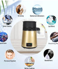 4 Liter Water Distiller With Glass Carafe And Stainless Interior Auto Shut Off Pure Drinking Water Maker For Home Office standing on a countertop with icons representing various uses.
