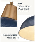 Close-up of wood grain painted finish and hammered metal shade detail of a lighting fixture.