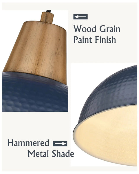 Close-up of wood grain painted finish and hammered metal shade detail of a lighting fixture.