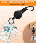 Three Pack Retractable Keychain With Heavy Duty Carabiners And Badge Holders, Extendable Reel For IDs And Keys shown with keys and ID attached.