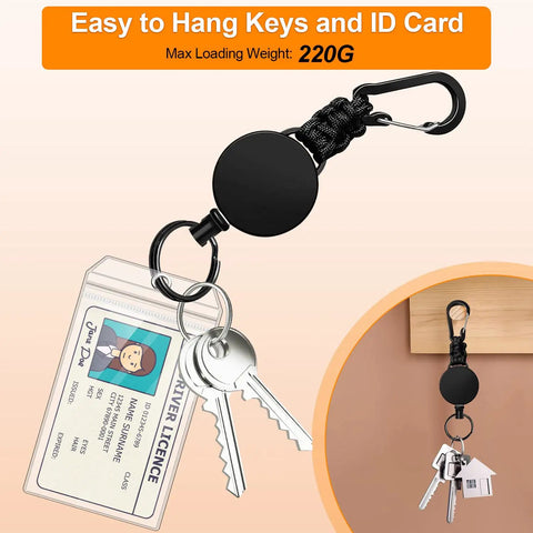 Three Pack Retractable Keychain With Heavy Duty Carabiners And Badge Holders, Extendable Reel For IDs And Keys shown with keys and ID attached.
