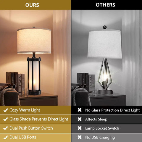 Comparison of Set Of 2 Modern Table Lamps With USB Ports And Nightlight, black finish, on nightstand, next to alternative lamp
