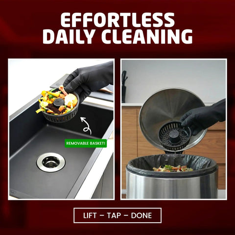 Top Rated Kitchen Sink Drain Strainer Plus Pop Up Sink Stopper With Removable Anti Clog Basket being lifted from sink for easy cleaning.