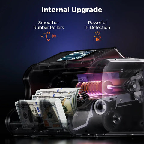 Internal view of Munbyn Imc09 Mixed Denomination Money Counter showing smoother rollers and IR detection features.