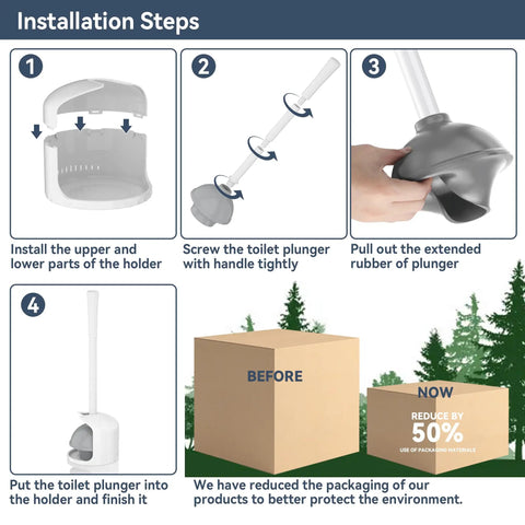 Installation steps for Badass Heavy Duty Toilet Plunger With Handy Storage Holder, showing assembly and usage.