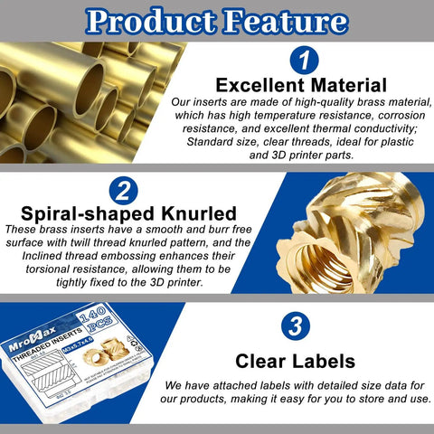 Image showing the features of M3 Heat Set Threaded Inserts For Plastic, Brass Knurled Nuts, including material and packaging box.