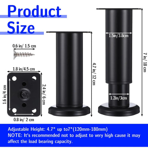 Heavy Duty Adjustable Furniture Legs, Thick Metal Cabinet Feet, dimensions 4.7 to 7 inches for beds, couches, and tables.
