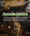 Person welding in workshop with text overlay 'Reliable Service' indicating quality assurance and customer support