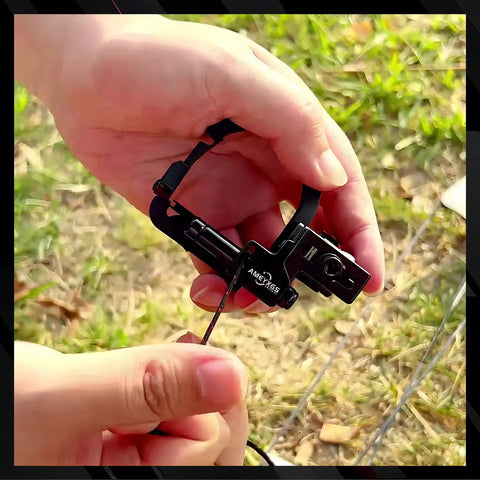 Close-up of Drop Away Arrow Rest For Compound Bow, All Metal Construction With Felt To Preserve Smooth Arrow Flight in hand setup view.