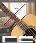 Fret end dressing file for guitar with red handle and cleaning brush, double-sided filing (front view)
