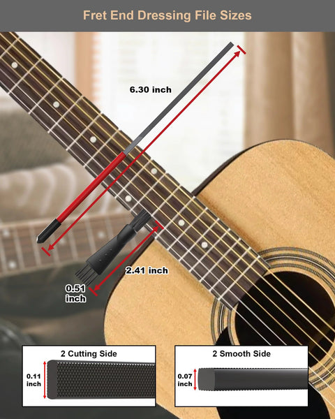 Fret end dressing file for guitar with red handle and cleaning brush, double-sided filing (front view)