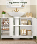 Top Notch White Pedestal Sink Cabinet With Double Doors And Adjustable Shelving Features A U Shape Cutout To Handle Plumbing Pipes No Sweat. Freestanding bathroom vanity with open adjustable shelving and decorative items.