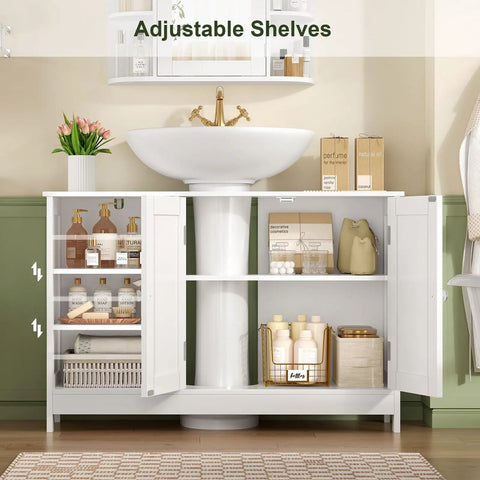 Top Notch White Pedestal Sink Cabinet With Double Doors And Adjustable Shelving Features A U Shape Cutout To Handle Plumbing Pipes No Sweat. Freestanding bathroom vanity with open adjustable shelving and decorative items.