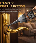 4 Oz Graphite Powder Lubricant For Locks And Hinges applied to door hinge, fast acting dry film lubricant reducing friction by 85 percent