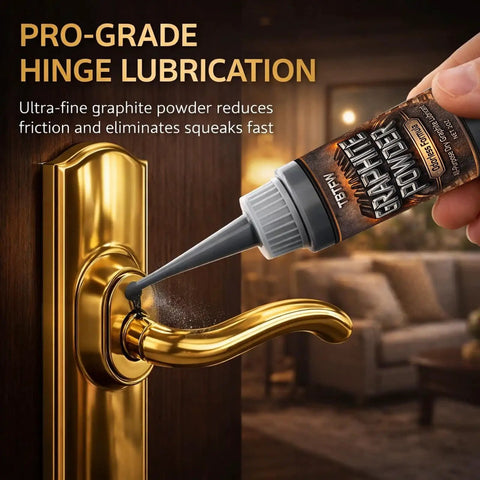 4 Oz Graphite Powder Lubricant For Locks And Hinges applied to door hinge, fast acting dry film lubricant reducing friction by 85 percent