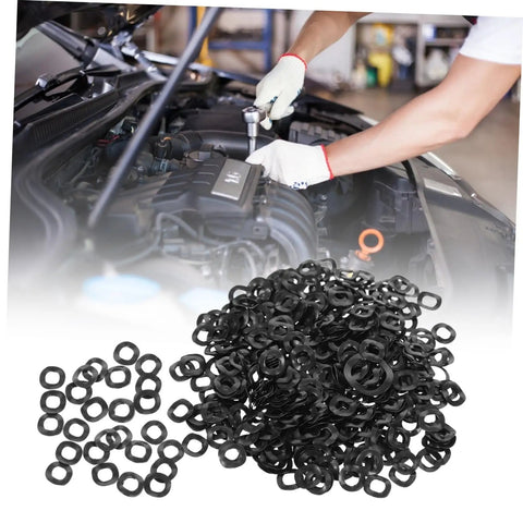 500 Pcs Wave Washer Assortment Kit for Home Auto and Shop, Heavy Duty Spring Washers That Evenly Distribute Load Across Bolts and Nuts, Durable Steel Gaskets, The Handy Workhorse for Mechanical Fixes; black washers in auto repair scene