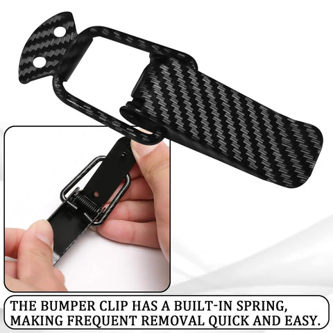 Large Quick Swap Bumper Clips Two Pack Delivers Rock Solid Spring Loaded Fasteners showing carbon fiber clip with built-in spring.