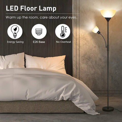 Tall Torchiere Floor Lamp With Adjustable Reading Light, 71-Inch Tall Pole beside bed, 3-Way Switch, Black Plastic Lampshade