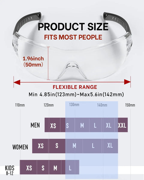 Badass Heavy Duty Safety Glasses Featuring Anti Fog And Scratch Resistant Lens showing size dimensions and fit range for ANSI certified use.