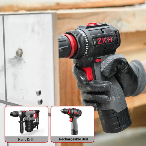 Person using hand drill to make hole in ceramic tile, rechargeable drill shown, focus on Dry Diamond Drill Bits Set For Tile And Stone, 8 Pc With Integrated Coolant For Fast Dry Drilling, Sizes 3/16, 1/4, 5/16, 3/8, 1/2 Inch, Porcelain Ceramic Marble Glass Granite, Separate Storage Case, Round Shank