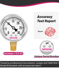 Glycerin Filled Pressure Gauge 2 Inch Dial 304 Stainless Steel Case Beefy Vibration Resistant with Accuracy Test Report