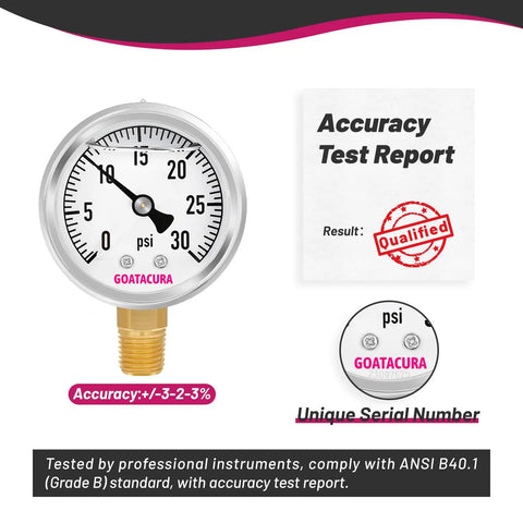 Glycerin Filled Pressure Gauge 2 Inch Dial 304 Stainless Steel Case Beefy Vibration Resistant with Accuracy Test Report