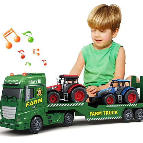 Child playing with Big 25 Inch Farm Truck Toy With Tractors 3 In 1 Fun Farm Vehicle, showing detachable truck and two tractors.