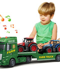 Child playing with 25 inch semi flatbed truck toy set with two tractors, friction powered lights and sounds, 3 in 1 farm truck.