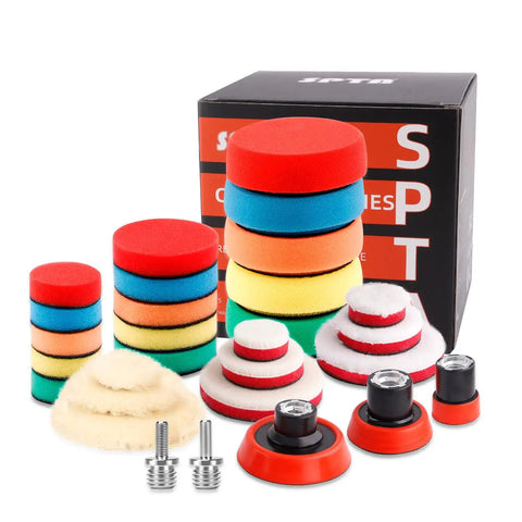 29 Piece Drill Buffing And Polishing Pad Set With Mixed Size Pads Backing Pads And Adapters For Car Sanding Polishing And Waxing displayed.