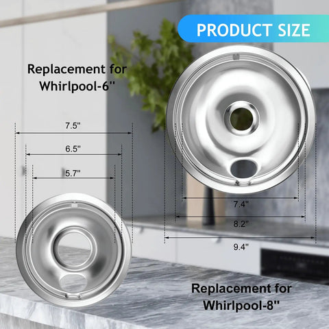 Electric Stove Drip Pan Covers Replacement For W10278125 4 Pack With Two 6 Inch And Two 8 Inch Burner Pan Liners displayed with dimensions