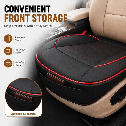 Top Tier Breathable Leather Front Seat Cushion With Plush Padding And Non Slip Grip For Tesla Cybertruck, showing storage pockets.