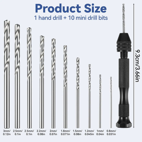 10 Piece Pin Vise Drill Bits Set HSS Micro Twist Bits 0.8mm To 3.0mm Pro Grade DIY Friendly Precision Hand Drills With Collet Rotary Tool For Jewelry Making Resin Wood Metal Model Black, size chart with hand drill and 10 bits