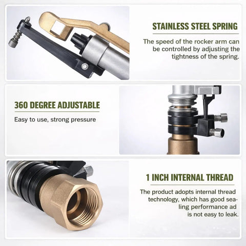 Detail view of a Two Pack One Inch Agricultural Irrigation Sprinkler With Spray Gun Heads showing stainless steel spring and adjustable mechanism.