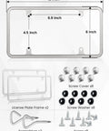 Chrome Polished Mirror License Plate Frame Built Tough Stainless Steel No Obstruction Tag Holder Slim Silver Rustproof Unbreakable With Screws 6 X 12 Inches Universal For Car Van 2 Pack shown with dimensions and included accessories.