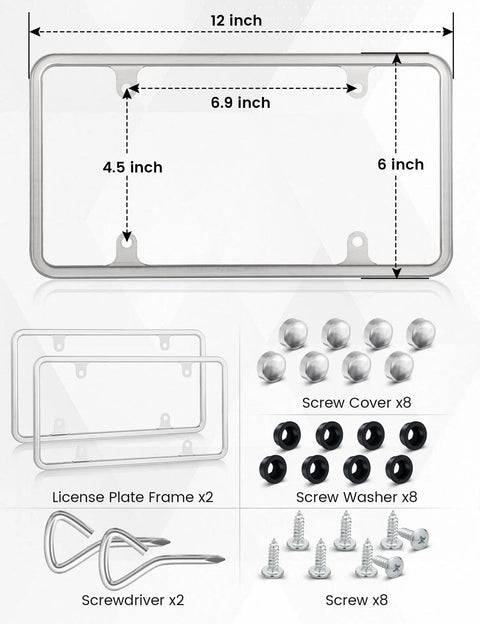 Chrome Polished Mirror License Plate Frame Built Tough Stainless Steel No Obstruction Tag Holder Slim Silver Rustproof Unbreakable With Screws 6 X 12 Inches Universal For Car Van 2 Pack shown with dimensions and included accessories.