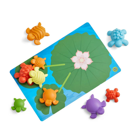 Tactile Turtles Math Activity Set for Toddlers and Preschoolers with colorful turtles on a lily pad mat for sensory learning