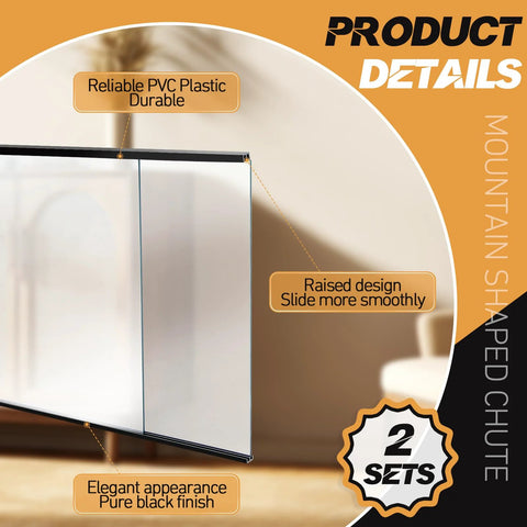 Two Sets Four Foot Sliding Door Tracks For One Eighth Inch Thick Panels For Closet Glass Doors And Plastic Cabinets In Black Finish Includes Upper And Lower Rails A Complete Sliding Door Hardware Set For Pantries, Wardrobes, And Cabinet Doors