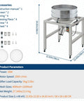 High Speed Electric Powder Sifter Machine with 40 Mesh and 100 Mesh Stainless Screens for Home and Industrial Use, dimensions shown in diagram.
