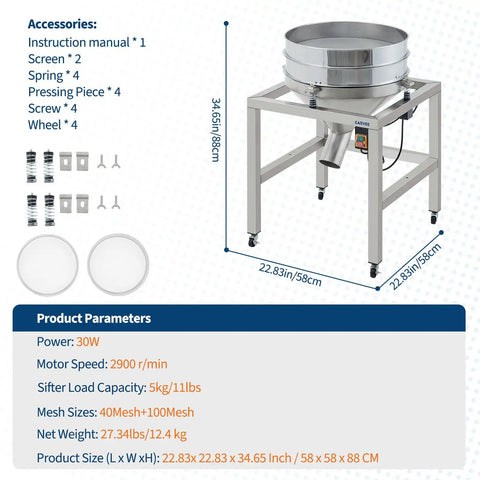 High Speed Electric Powder Sifter Machine with 40 Mesh and 100 Mesh Stainless Screens for Home and Industrial Use, dimensions shown in diagram.