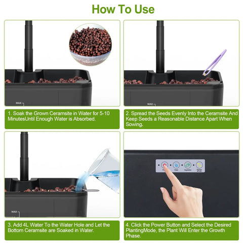 Indoor Herb Garden Kit With Hydroponic System, LED Grow Light, Quiet Water Pump, Clear 4.5L Tank, Grow Up To Eight Plants instructions