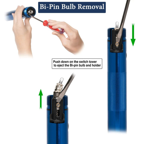 Instructions for removing bi-pin bulb from a Maglite LED Conversion Kit Replacement for Classic Flashlights.