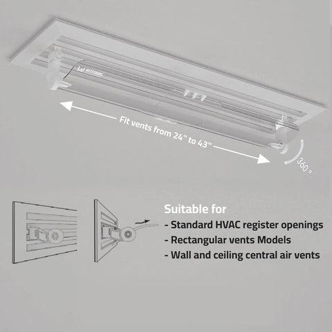 Diagram of Central Air Deflector Extender With 360 Degree Rotation Adjustable From 24 To 43 Inches, transparent design for vents.