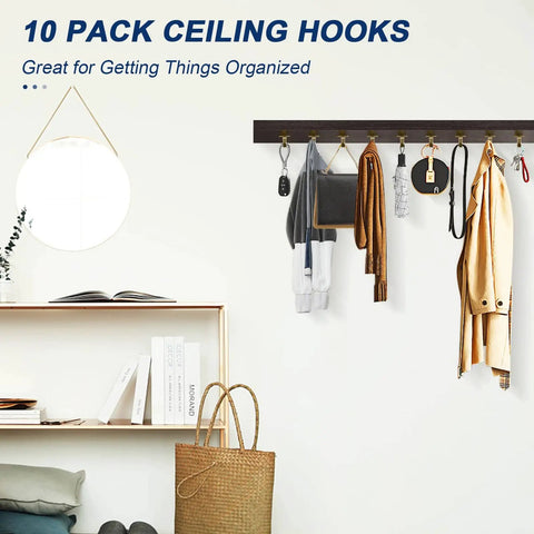 Stainless Steel Screw Mounted Ceiling Hooks Built Tough Heavy Duty Coat Hangers For Bathroom Kitchen Garage Cabinet 10 Pack Brushed Gold Under Shelf Towel Robe Clothes Hooks Rustproof Easy Install shown installed with hanging items.