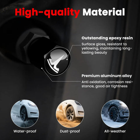 Dope 2.2 Inch Wheel Center Cap Set with Logo Emblem and Valve Stem Caps for Tesla Model 3 and Model Y material details.