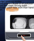 Smooth Operating Countertop Dishwasher Featuring Ultrasonic Deep Scrub Technology And Zero Install Hassle Straight Forward Auto Wash Dry Cycle Rock Solid Build For Apartments Rvs And Campers visible control panel with washing timer and dishes inside.