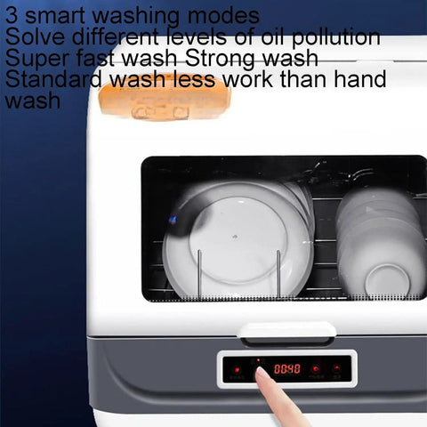 Smooth Operating Countertop Dishwasher Featuring Ultrasonic Deep Scrub Technology And Zero Install Hassle Straight Forward Auto Wash Dry Cycle Rock Solid Build For Apartments Rvs And Campers visible control panel with washing timer and dishes inside.