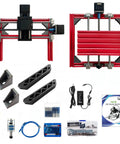 Red CNC Router Kit With Easy Assembly Aluminum Profile Frame GRBL Control showing frame, spindle, tools, and accessories.