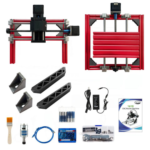Red CNC Router Kit With Easy Assembly Aluminum Profile Frame GRBL Control showing frame, spindle, tools, and accessories.
