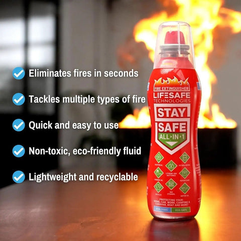 StaySafe All-In-One Portable Fire Extinguisher With Signature Fire Blanket, Compact Emergency Spray in front of a fire